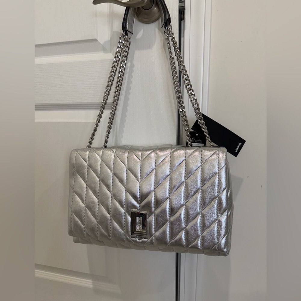 Karl Lagerfeld Silver Quilted Leather Shoulder Bag - Picture 1 of 9